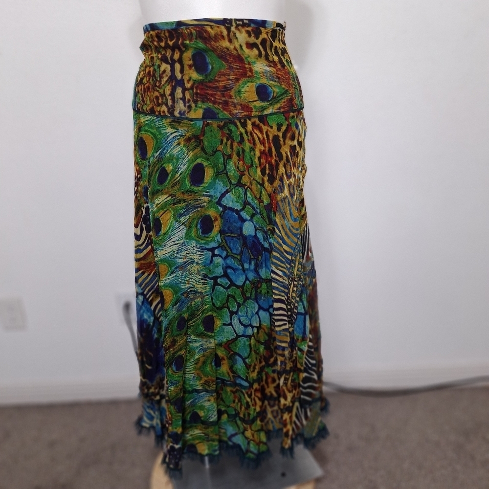 Tunique Multicolor Bohemian Animal Print Mobwife Frayed Hem Maxi Skirt Size L